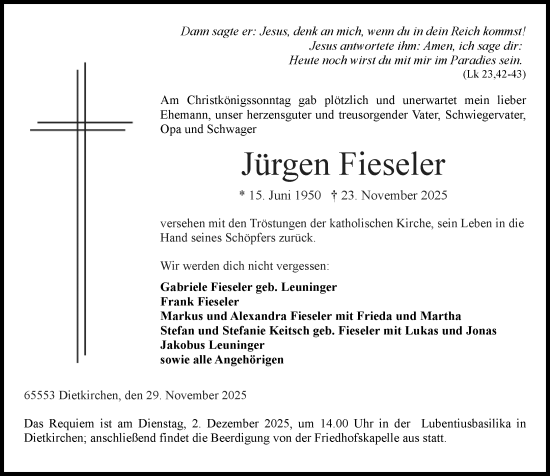 Traueranzeige von Jürgen Fieseler von Nassauische Neue Presse