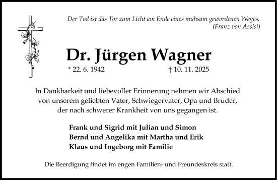 Traueranzeige von Jürgen Wagner von Allgemeine Zeitung Mainz