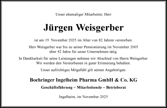 Traueranzeige von Jürgen Weisgerber von Allgemeine Zeitung Rheinhessen-Nahe