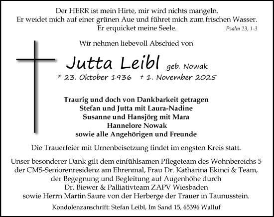 Traueranzeige von Jutta Leibl von Wiesbadener Kurier
