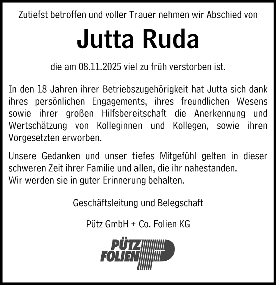 Traueranzeige von Jutta Ruda von Idsteiner Land/Untertaunus