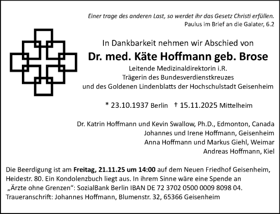 Traueranzeige von Käte Hoffmann von Wiesbadener Kurier