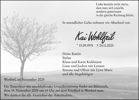 Traueranzeige von Kai Wohlfeil von Wetzlarer Neue Zeitung