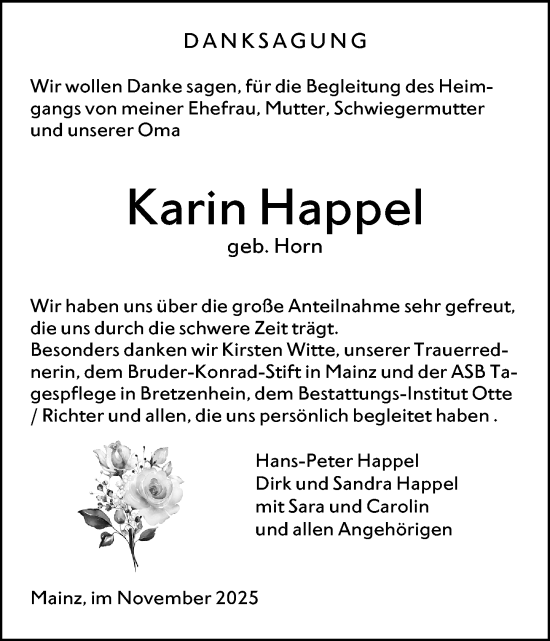 Traueranzeige von Karin Happel von Allgemeine Zeitung Mainz
