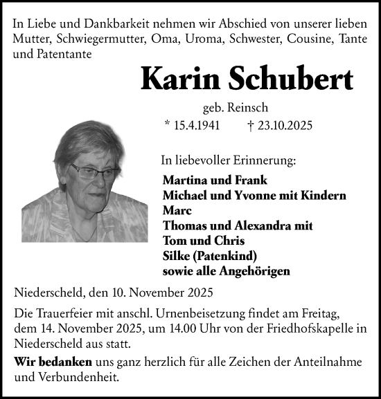 Traueranzeige von Karin Schubert von Dill Block