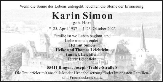 Traueranzeige von Karin Simon von Allgemeine Zeitung Rheinhessen-Nahe