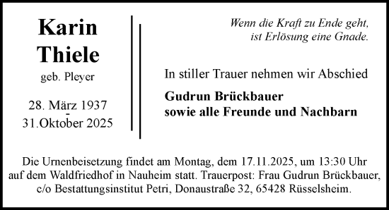 Traueranzeige von Karin Thiele von Groß-Gerauer Echo