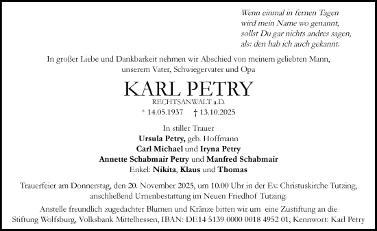 Traueranzeige von Karl Petry von Wetzlarer Neue Zeitung