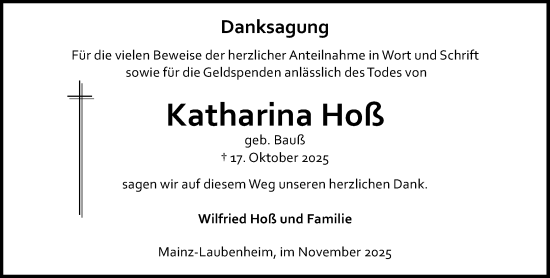 Traueranzeige von Katharina Hoß von Allgemeine Zeitung Mainz