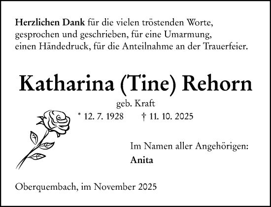 Traueranzeige von Katharina Rehorn von Wetzlarer Neue Zeitung