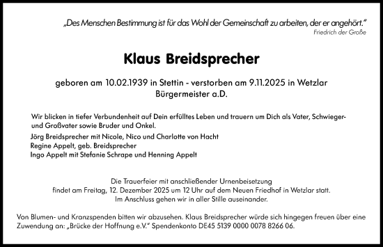 Traueranzeige von Klaus Breidsprecher von Wetzlarer Neue Zeitung