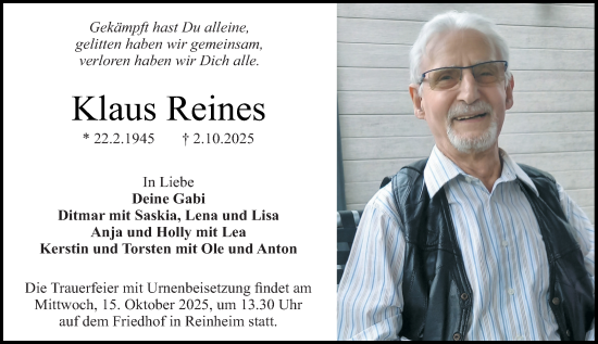 Traueranzeige von Klaus Reines von Darmstädter Echo