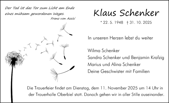 Traueranzeige von Klaus Schenker von Wetzlarer Neue Zeitung