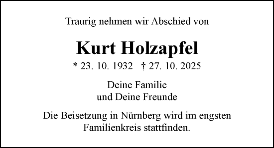 Traueranzeige von Kurt Holzapfel von Allgemeine Zeitung Mainz