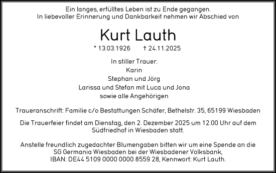Traueranzeige von Kurt Lauth von Wiesbadener Kurier