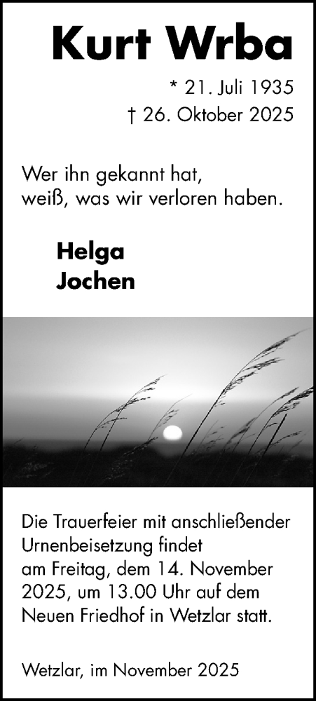 Traueranzeige von Kurt Wrba von Wetzlarer Neue Zeitung