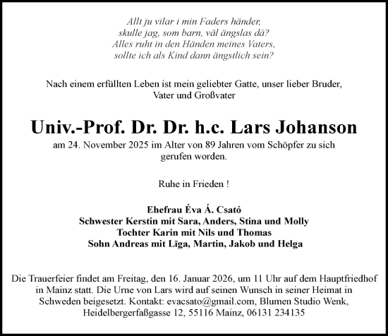 Traueranzeige von Lars Johanson von Allgemeine Zeitung Mainz