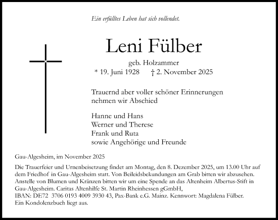 Traueranzeige von Leni Fülber von Allgemeine Zeitung Rheinhessen-Nahe