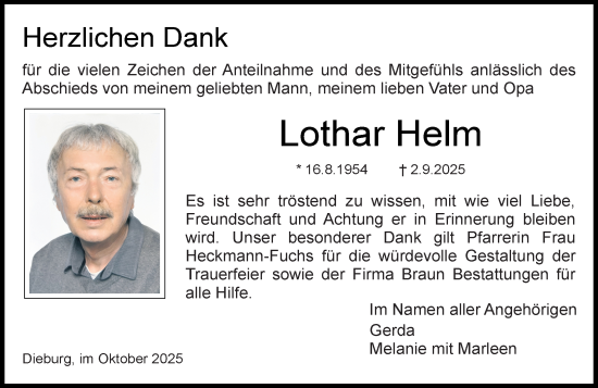 Traueranzeige von Lothar Helm von Dieburger Anzeiger/Groß-Zimmerner Lokal-Anzeiger