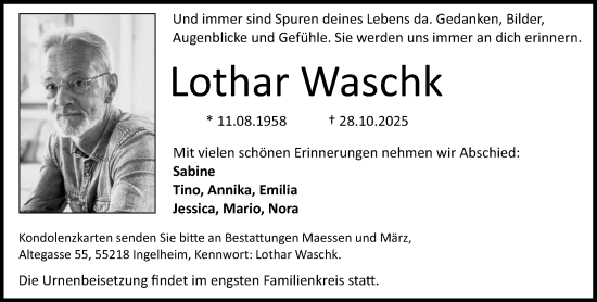 Traueranzeige von Lothar Waschk von Binger-/Ingelheimer Wochenblatt