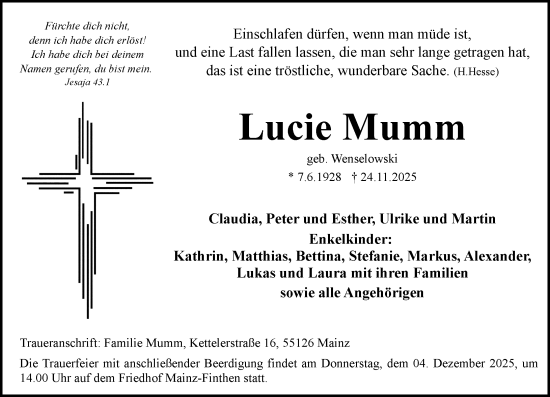 Traueranzeige von Lucie Mumm von Allgemeine Zeitung Mainz