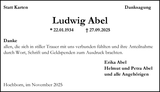 Traueranzeige von Ludwig Abel von Allgemeine Zeitung Alzey