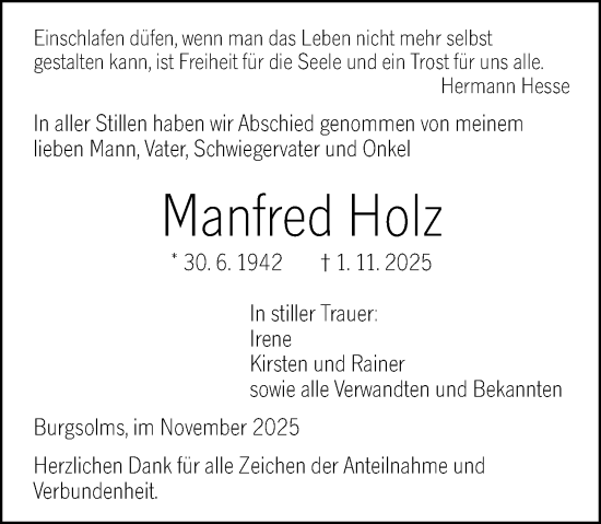 Traueranzeige von Manfred Holz von Wetzlarer Neue Zeitung