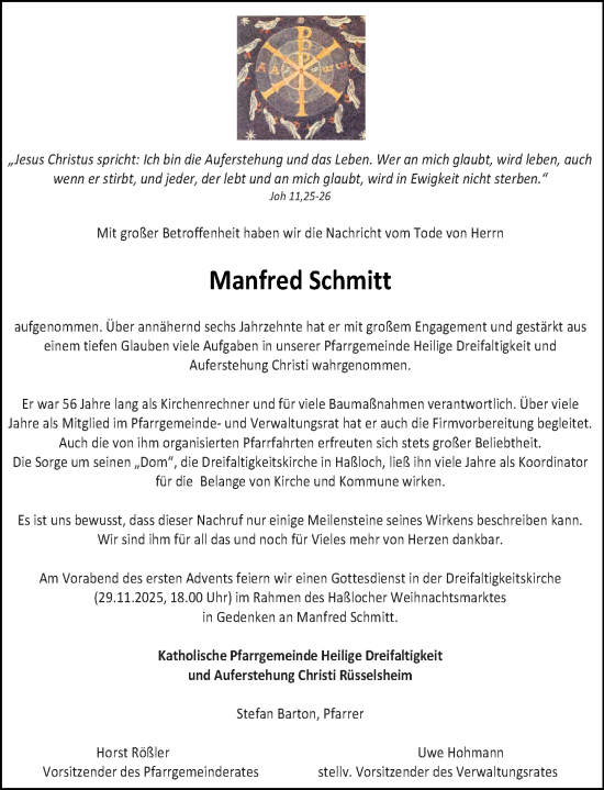 Traueranzeige von Manfred Schmitt von Rüsselsheimer Echo