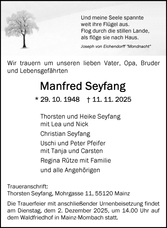 Traueranzeige von Manfred Seyfang von Allgemeine Zeitung Mainz