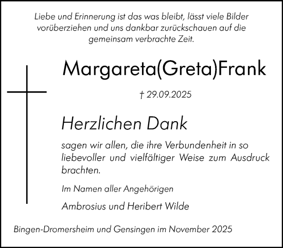 Traueranzeige von Margareta Frank von Binger-/Ingelheimer Wochenblatt