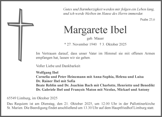 Traueranzeige von Margarete Ibel von Nassauische Neue Presse