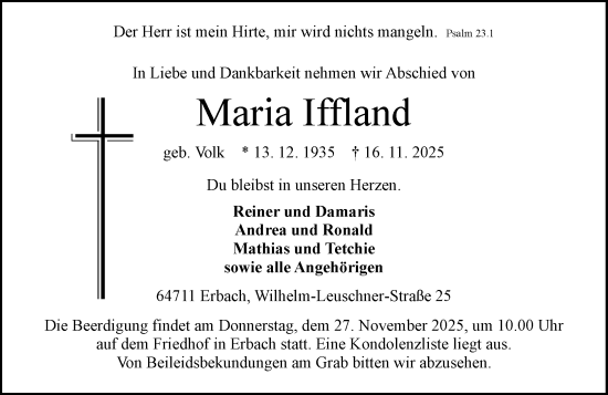 Traueranzeige von Maria Iffland von Odenwälder Echo