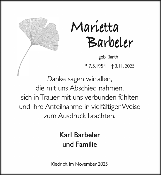 Traueranzeige von Marietta Barbeler von Rheingau Kurier