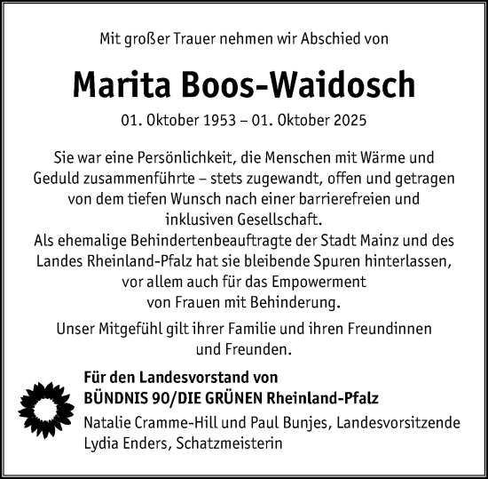 Traueranzeige von Marita Boos-Waidosch von Allgemeine Zeitung Mainz