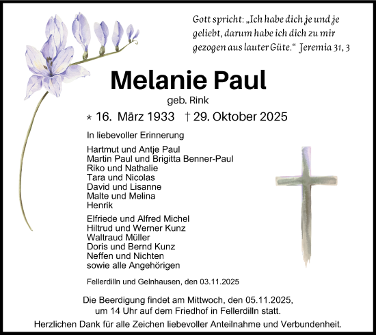 Traueranzeige von Melanie Paul von Dill Block