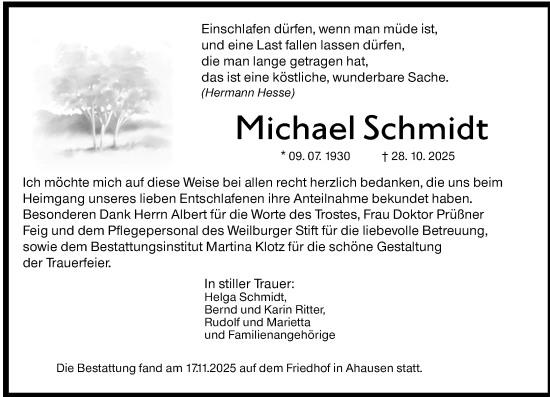 Traueranzeige von Michael Schmidt von Weilburger Tageblatt