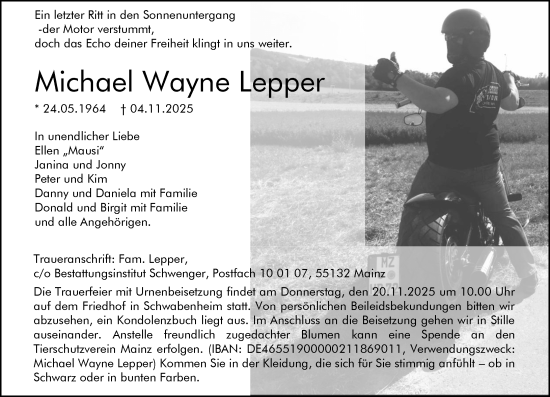Traueranzeige von Michael Wayne Lepper von Allgemeine Zeitung Mainz