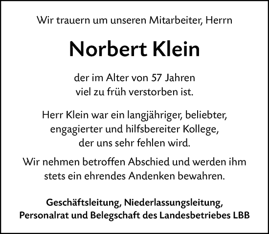 Traueranzeige von Norbert Klein von Wormser Zeitung