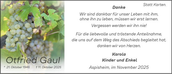 Traueranzeige von Otfried Gaul von Binger-/Ingelheimer Wochenblatt