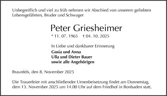 Traueranzeige von Peter Griesheimer von Wetzlarer Neue Zeitung