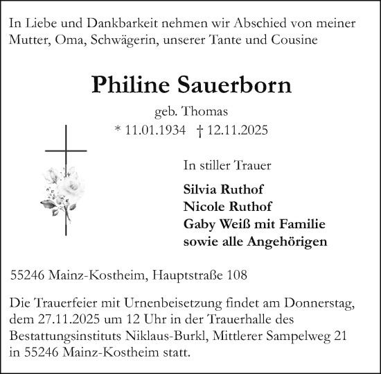Traueranzeige von Philine Sauerborn von Allgemeine Zeitung Mainz