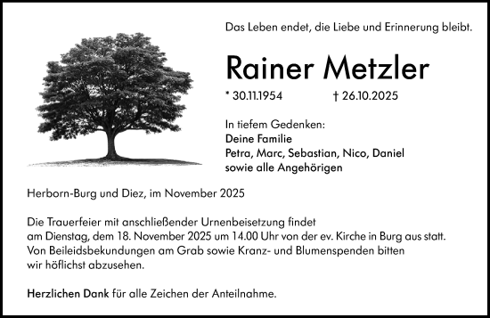 Traueranzeige von Rainer Metzler von Dill Block