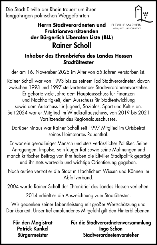 Traueranzeige von Rainer Scholl von Rheingau Kurier