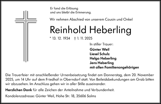 Traueranzeige von Reinhold Heberling von Wetzlarer Neue Zeitung