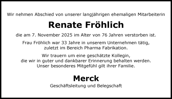 Traueranzeige von Renate Fröhlich von Darmstädter Echo