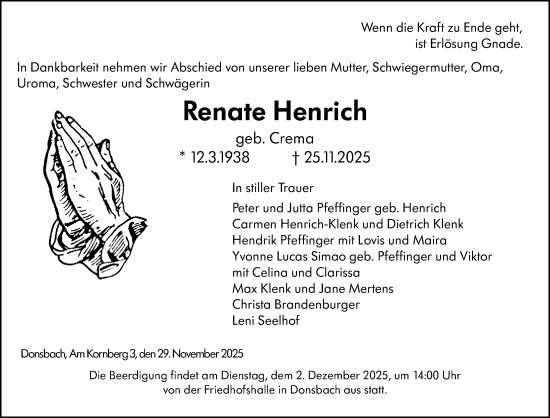 Traueranzeige von Renate Henrich von Dill Block