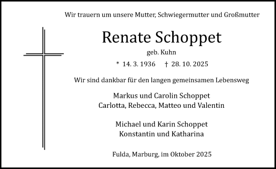 Traueranzeige von Renate Schoppet von Weilburger Tageblatt