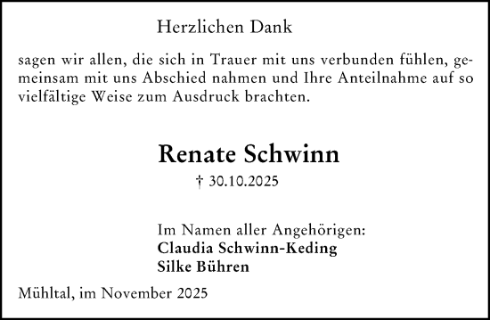 Traueranzeige von Renate Schwinn von Darmstädter Echo