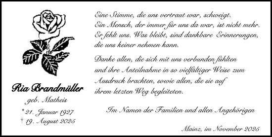 Traueranzeige von Ria Brandmüller von Allgemeine Zeitung Mainz