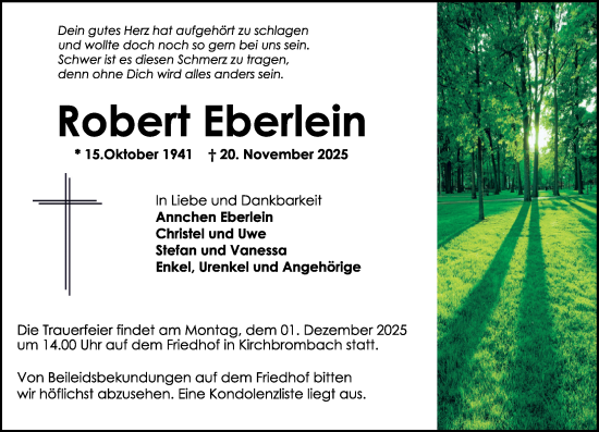 Traueranzeige von Robert Eberlein von Odenwälder Echo